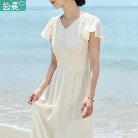 茵曼飞飞袖连衣裙女2024年夏季新款高腰白色裙子沙滩裙高端夏天图片