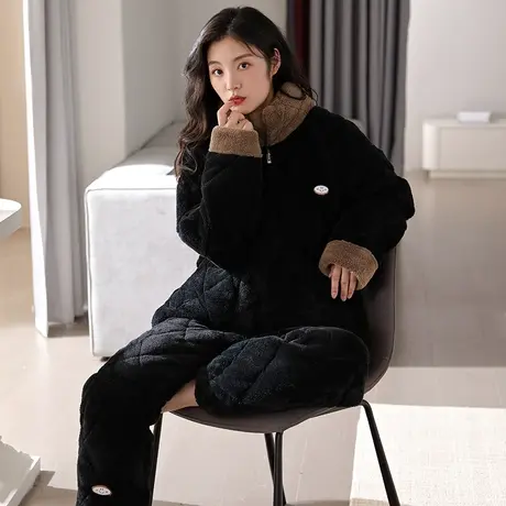 婷美睡衣女士冬天三层加绒加厚珊瑚绒夹棉袄秋冬天大码家居服套装图片