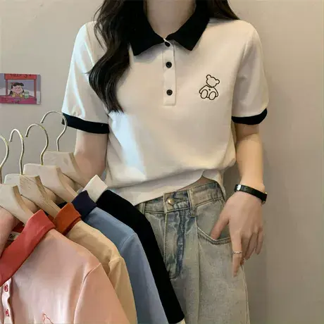 胖mm大码撞色polo领上衣女正肩短袖夏季小熊百搭宽松显瘦T恤200斤商品大图