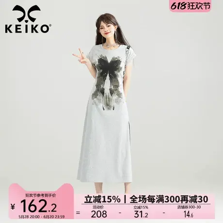 KEIKO 复古蝴蝶花灰色连衣裙25夏季松弛慵懒感开叉显瘦圆领t恤裙图片