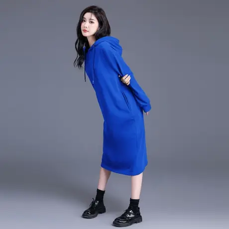 克莱因蓝卫衣连衣裙女秋冬新款显瘦筒裙中长款连帽宽松小个子外穿图片