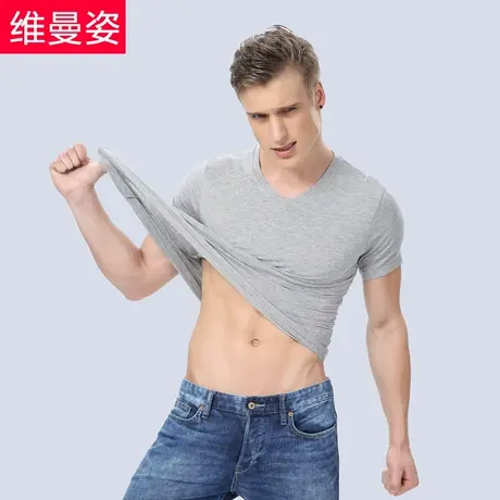 维曼姿莫代尔男士内衣V领短袖背心半袖T恤大码汗衫弹力紧身打底衫商品大图
