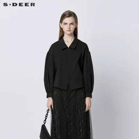 sdeer圣迪奥女装春秋装设计感翻领斜襟不规则长袖衬衫S21360525商品大图