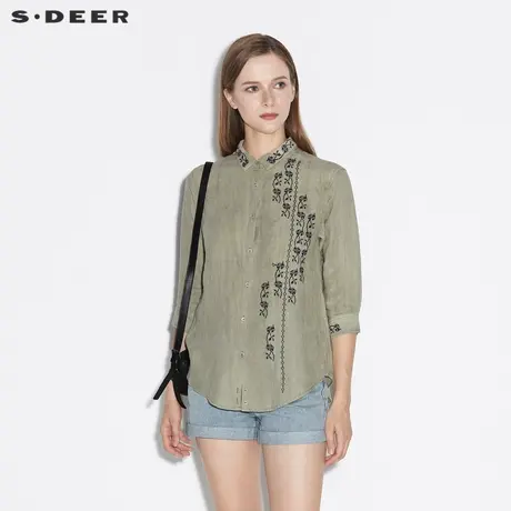 sdeer圣迪奥夏装休闲翻领立体绣花亚麻长袖衬衫S21280506商品大图