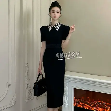 时尚高定名媛风翻领包臀连衣裙女过膝中长款御姐穿搭黑色修身裙子图片