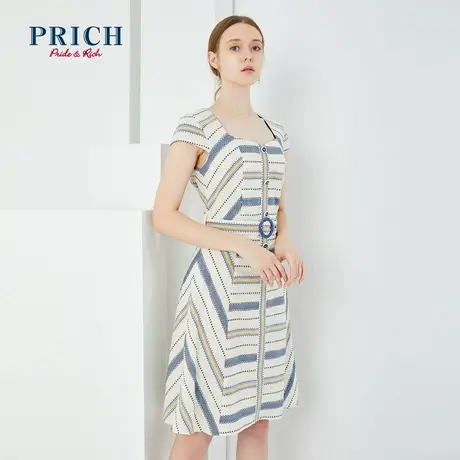 PRICH【直播专享】方领收腰显瘦海洋风无袖拼接小香风中长款裙子图片