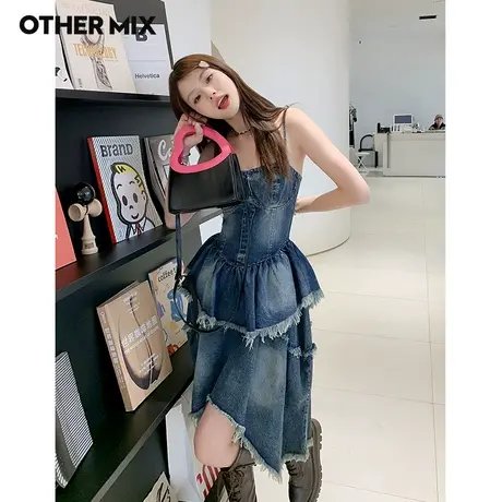 Othermix蓝色牛仔吊带连衣裙女2023夏季新款韩版蛋糕裙修身A字裙图片
