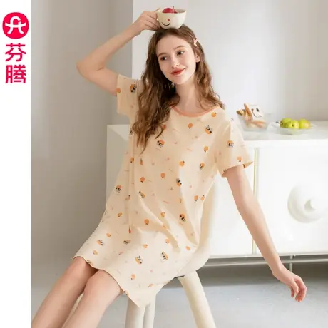 芬腾睡裙女纯棉短袖夏季带胸垫睡衣裙中裙女款休闲大码全棉家居服商品大图
