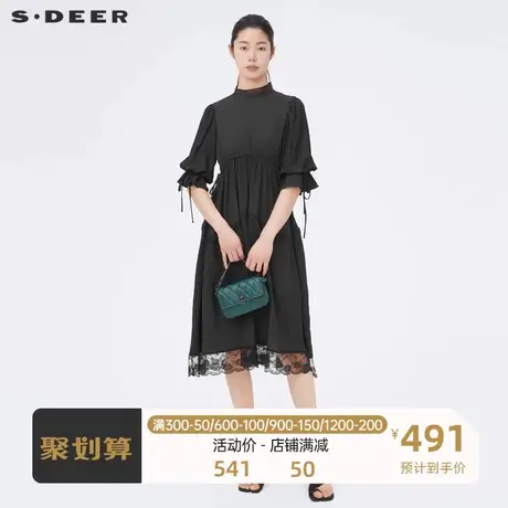 sdeer圣迪奥女装圆领收腰蕾丝拼接肌理中袖连衣裙S22281263图片