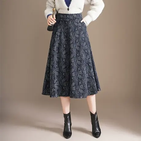 气质复古印花伞裙a字裙女2025秋季新款遮胯显瘦中长款通勤半身裙图片