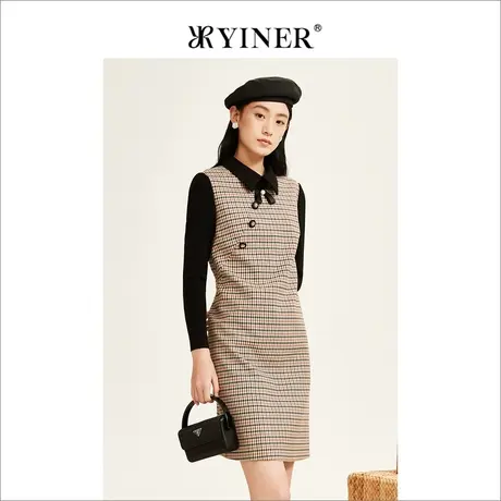 YINER音儿专选女装冬季撞色拼接格子连衣裙图片