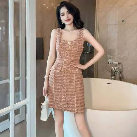 粗花呢方领小香风背心连衣裙女夏季名媛气质高级感包臀背带裙短款图片