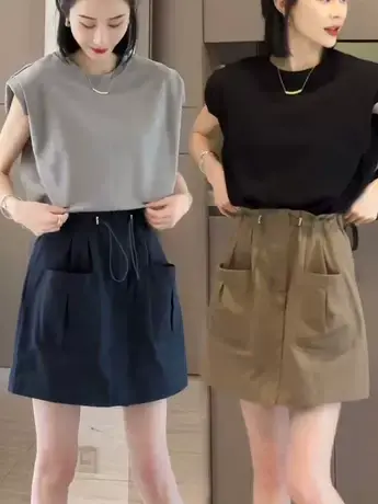卡其色工装短裙女2023夏新款松紧高腰A字版防走光百搭显瘦半身裙图片