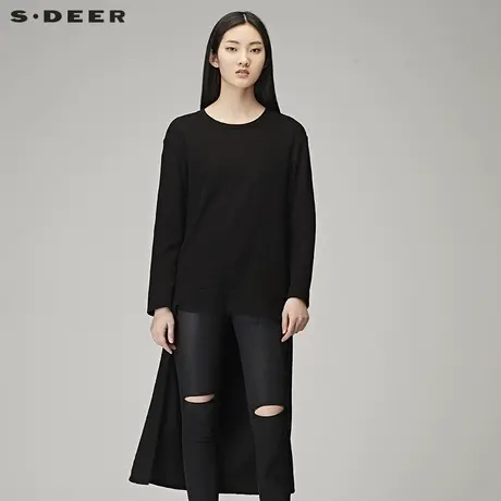 sdeer圣迪奥女装2019春装前后摆对称拉链圆领长袖连衣裙S17361209图片