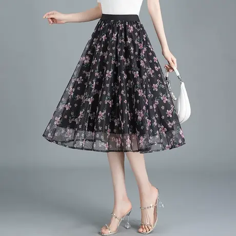 碎花网纱裙a字裙女夏季2023新款高腰半身裙小个子中长时尚大摆裙图片