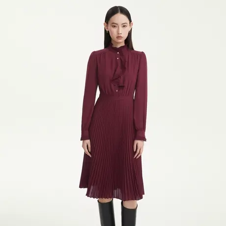 LANCY/悦朗姿秋季新款小立领连衣裙子女同期高级收腰百褶裙图片
