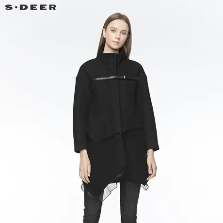 sdeer圣迪奥冬款时尚高领搭袢拼接开衩不规则纯黑大衣女S19481762图片