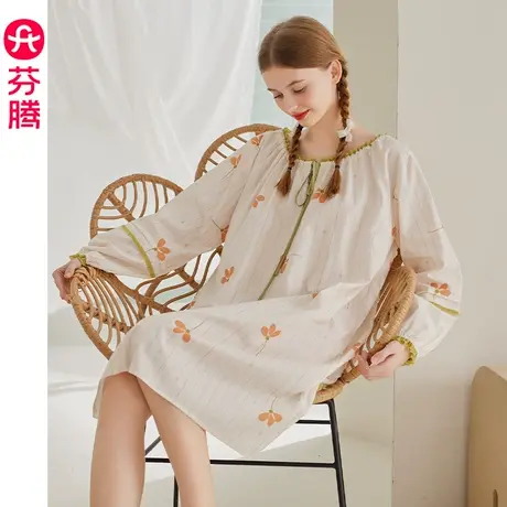 芬腾睡裙女棉质春秋季长袖圆领睡衣裙甜美少女休闲中裙家居服睡衣图片