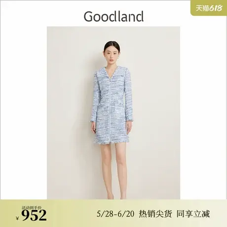 Goodland美地春季法式优雅小香风粗花呢马卡龙连衣裙图片