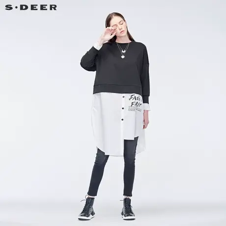 sdeer圣迪奥时尚圆领撞色字母不规则摆假两件拼接衬衫裙S19181211图片