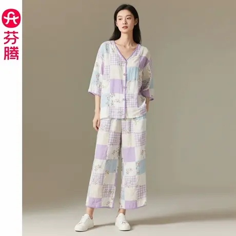 芬腾女士睡衣夏季短袖V领开衫套装2025新款休闲大码可外穿家居服图片
