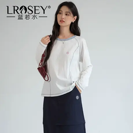 蓝若水大码女装拼色圆领明线打底衫2025秋装新款遮肚子长袖T恤YL商品大图