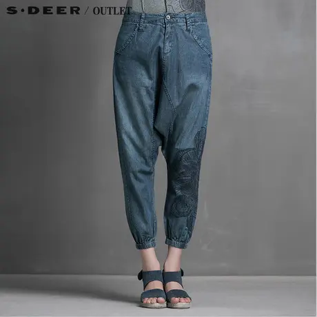 sdeer圣迪奥女装时尚做旧绣花牛仔吊裆垮裤S15280864图片