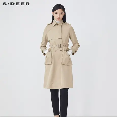 sdeer圣迪奥春装英伦风翻领双排扣收腰长款风衣S21381821图片