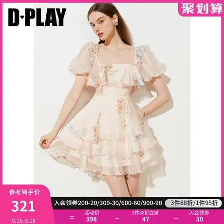 DPLAY夏新甜美度假风方领荷叶边泡泡袖收腰拼接沙滩裙图片