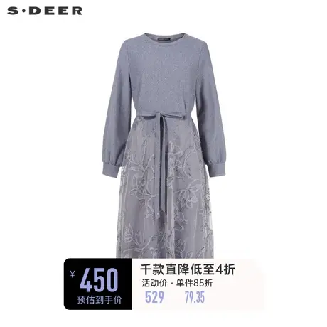 sdeer圣迪奥女装复古圆领收腰拼接网纱连衣裙S241Z1264图片