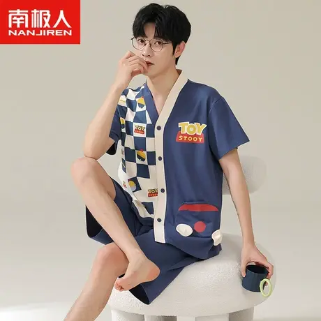 南极人男士睡衣夏季纯棉短袖套装2023年新款青少年卡通格子家居服商品大图