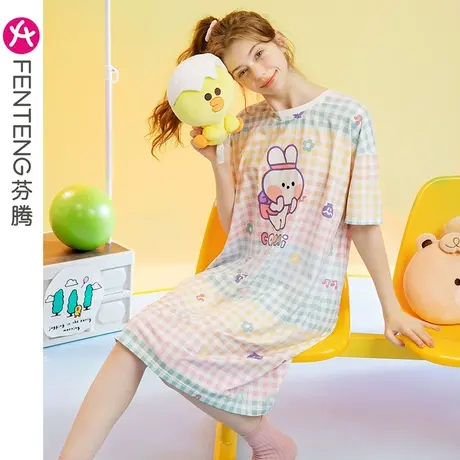 芬腾布朗熊睡裙女纯棉短袖夏季薄款睡衣裙可爱少女甜美中裙家居服商品大图