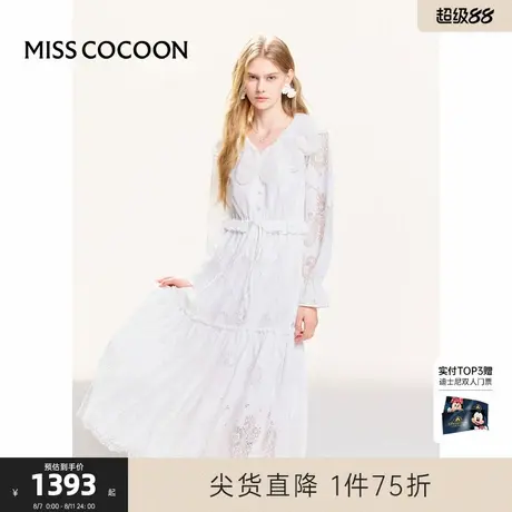 可可尼cocoon刺绣花瓣领蕾丝连衣裙女2025夏季新款木耳边度假裙子图片