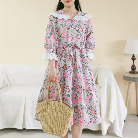 胖妹妹夏季2023新品棉质印花连衣裙 加大码田园风花边领文艺长裙图片