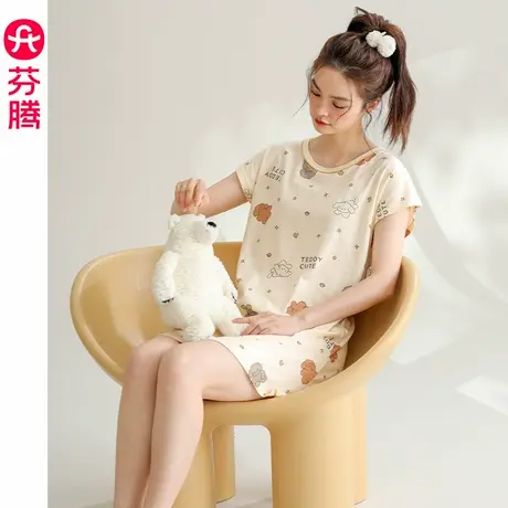 芬腾睡裙女夏季纯棉短袖薄款睡衣裙卡通少女夏天大码家居服中短裙图片