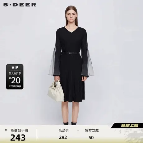 sdeer圣迪奥女装罗纹V领晕染网纱荷叶边连衣裙S23481205图片