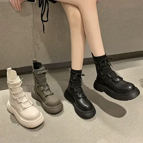 马丁靴女款2023年春秋季新款厚底中筒靴春秋款甜酷风炸街瘦瘦靴子商品大图