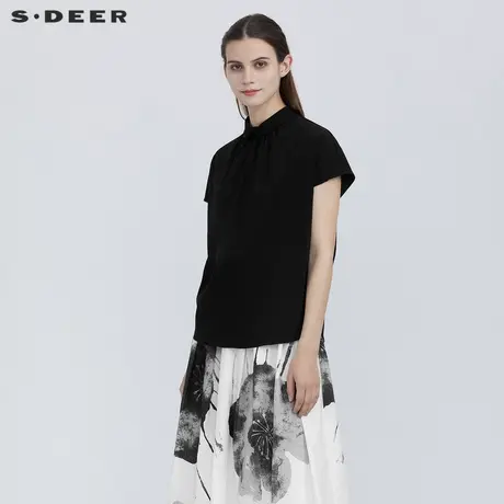 sdeer圣迪奥女装夏装休闲翻领抽褶黑色短袖衬衫S21280404图片