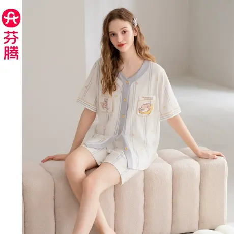 芬腾纯棉睡衣女夏季短袖V领开衫套装女款可爱休闲大码全棉家居服商品大图