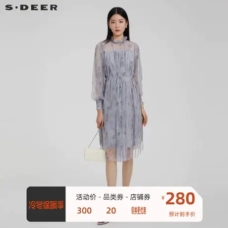 S·DEER圣迪奥女装木耳边圆领碎花收腰网纱连衣裙S223Z129L图片
