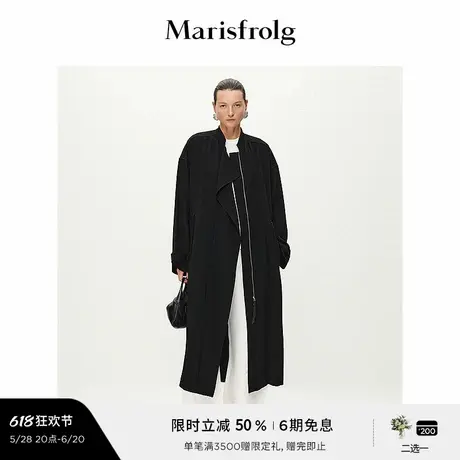 【筑感美学】玛丝菲尔2025春新品经典黑色腰部抽绳宽松风衣连衣裙图片