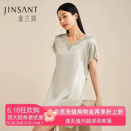 金三塔100%桑蚕丝睡裙夏季凉爽宽松舒适短袖V领蕾丝真丝家居裙女图片
