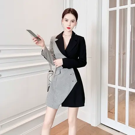 小众炸街设计感千鸟格撞色拼接连衣裙秋冬气质西服外套格子西装裙图片