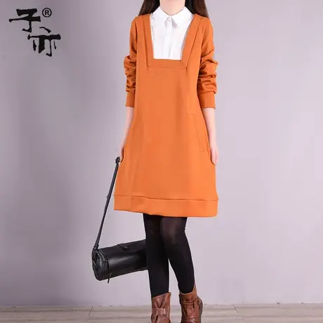 子亦2023早春新款假两件卫衣裙 四码可选拼接中长款长袖连衣裙图片