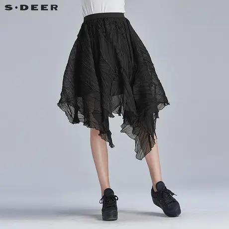 sdeer圣迪奥女装裙子秋肌理折痕挺括晕染百褶半身长裙潮S16281199图片