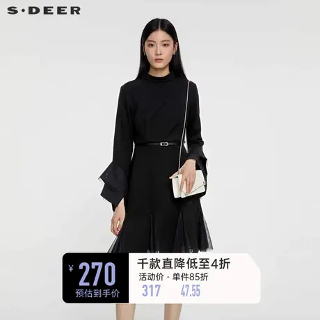 sdeer圣迪奥女装圆领收腰网纱喇叭袖连衣裙S231Z1214图片
