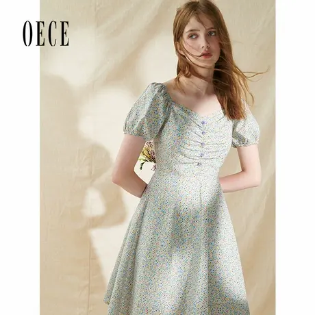 oece夏装新款女装青柠小碎花复古法式温柔泡泡袖雪纺连衣裙图片