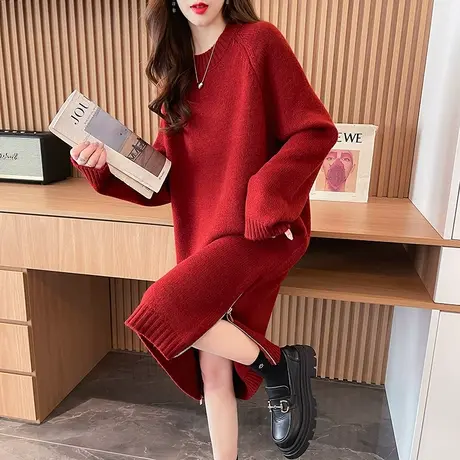 设计感开叉毛衣女中长款打底衫春季2024新款宽松慵懒风百搭针织裙图片