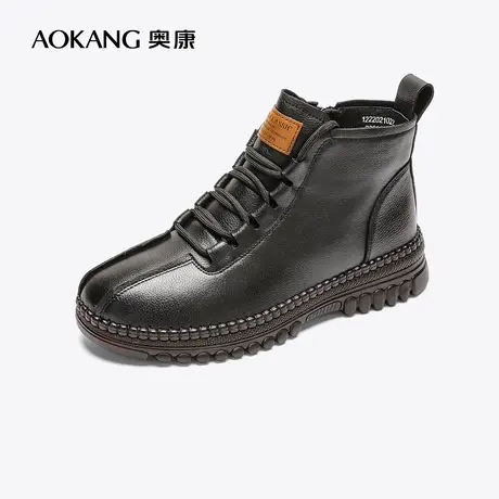 【门店发货】奥康女鞋 2022冬季新款真皮时装短靴加绒保暖平底图片