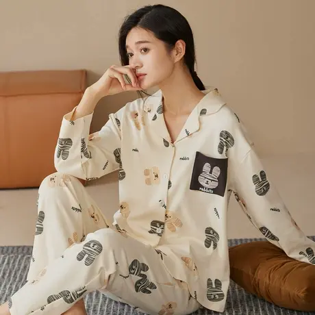 秋鹿柔软舒适纯棉睡衣女款春秋季可爱萌兔印花长袖长裤家居服套装图片